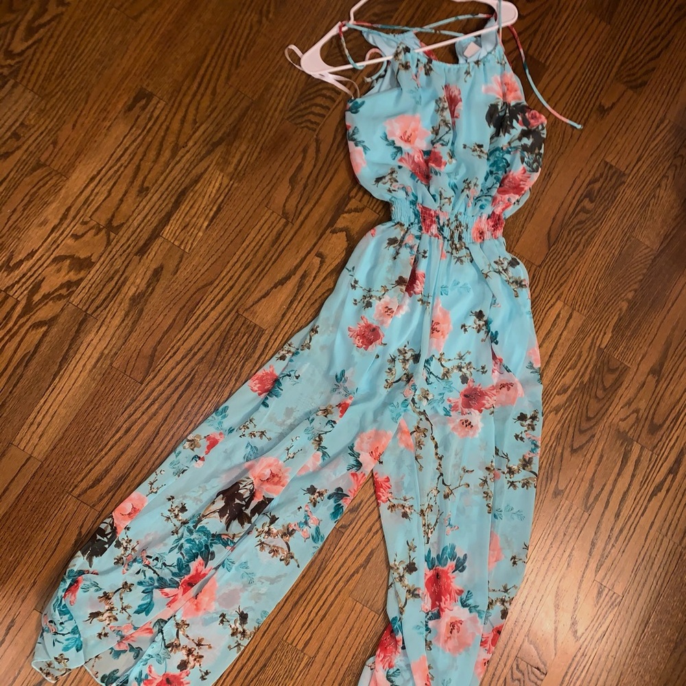 Blue And Coral Flower Print Flowy Jump Suit
